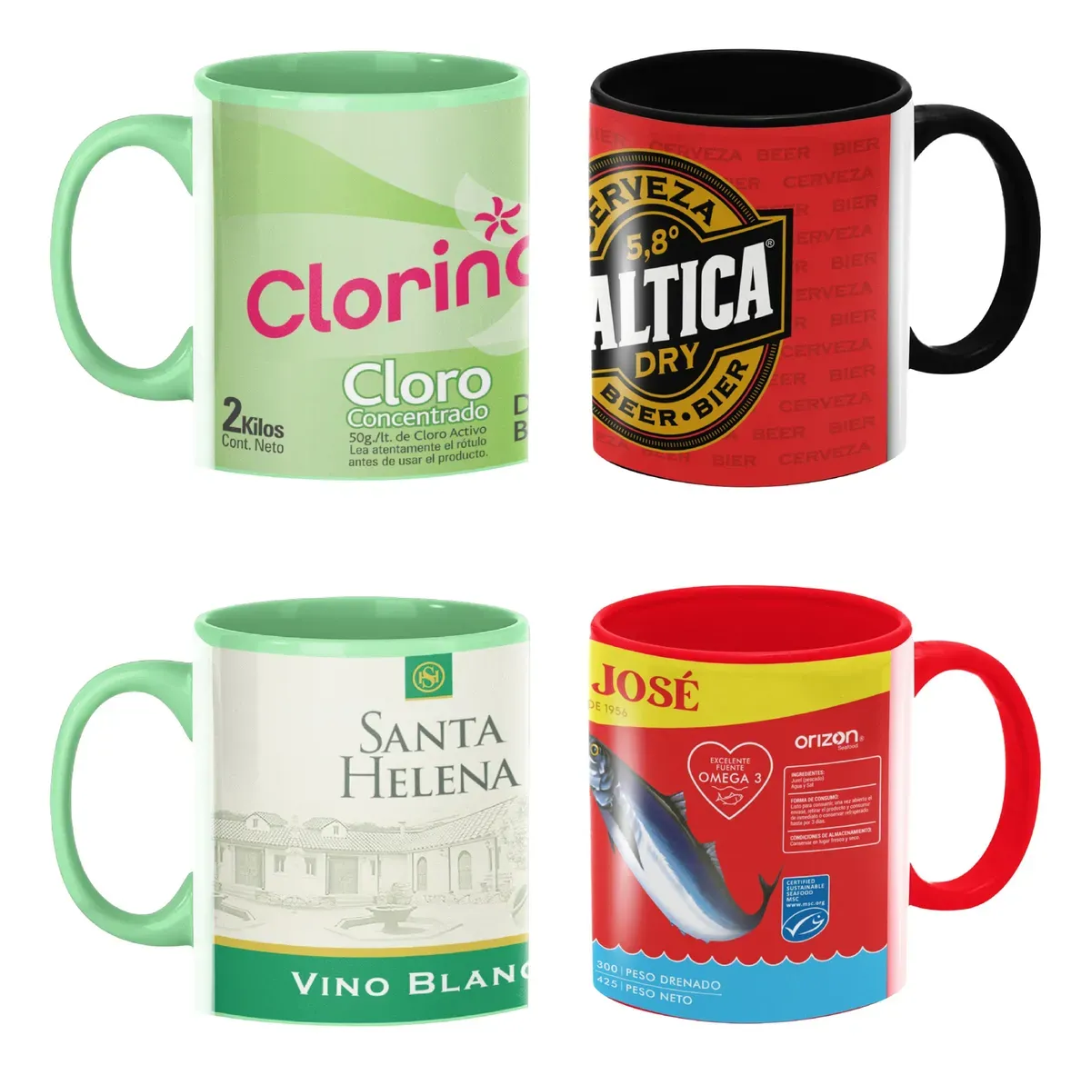 Pack 4 Tazones Gráfica Chilena – Clorinda, Jurel, Vino & Baltica